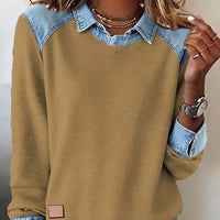 Denim Collar Long Sleeve Pullover Patchwork Knitwear Top - image 1