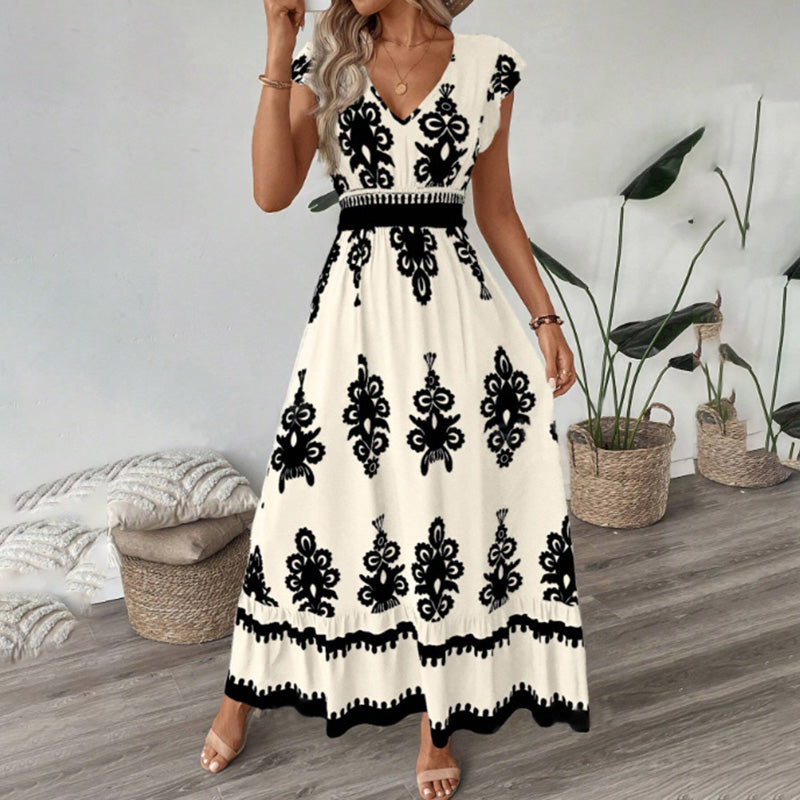 Women's Summer Flowy Maxi Dress Casual Cap Sleeve V Neck Smocked Waist Beach Sundress - image 12
