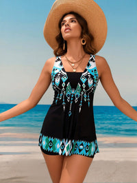 Ethnic Geometric Print Swimdress, V-Neck Sleeveless & Built-in Shorts, Tummy Control Modest Swimwear - image 4