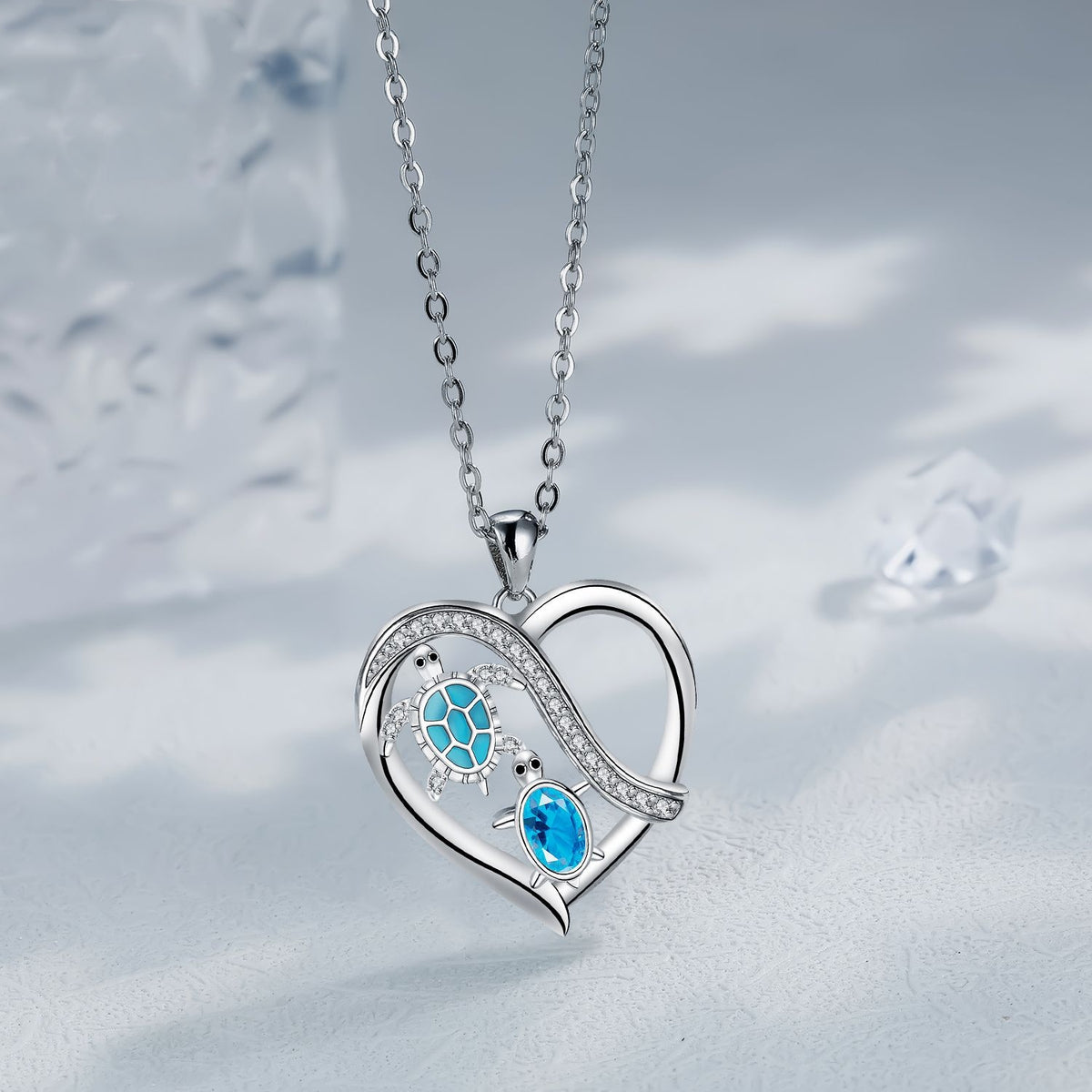 Blue Crystal Turtle Heart Necklace