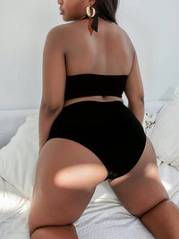 Traje de baño entero negro halter con aro y abertura, talla grande - image 3
