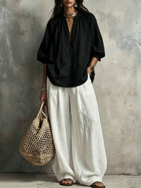 Cotton Linen Puff Sleeve Shirt and Wide Leg Pants Set - image 7