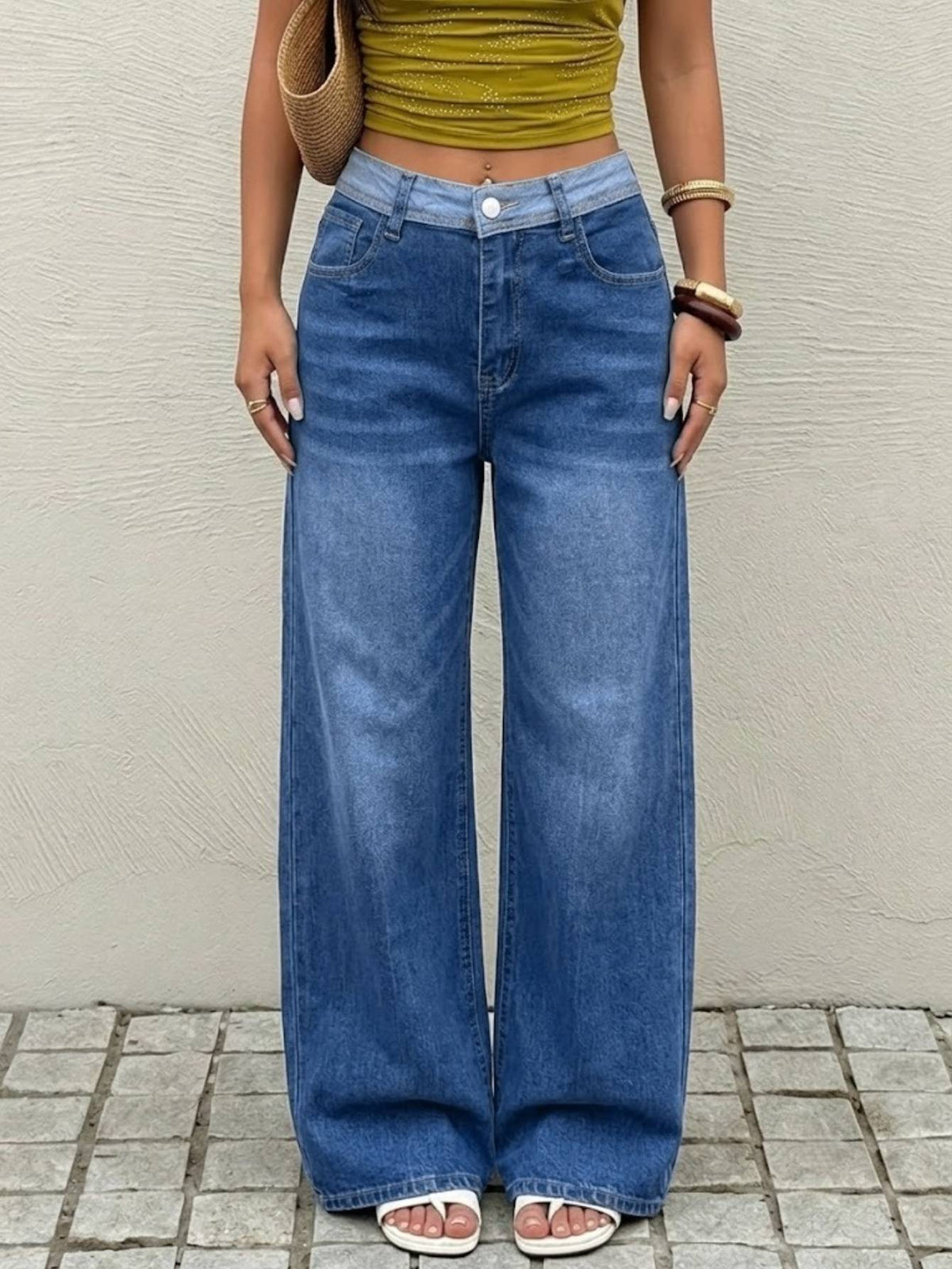 Contrast Waistband Medium Blue Wide Leg Jeans - image 5