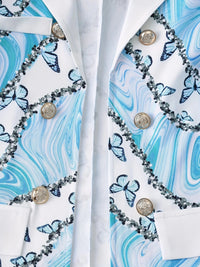 Elegant And Fashionable Two-piece Set, Featuring A Blue Butterfly Marble Gradient Print Lapel Double Breasted - image 5