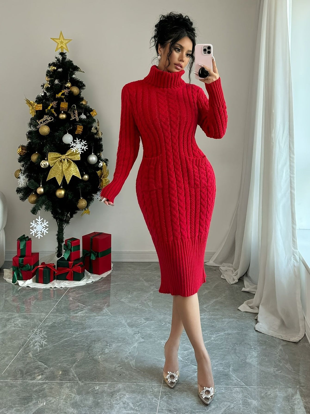 Turtleneck Cable Knit Sweater Dress