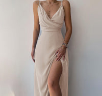 Women's Draped V-Neck Spaghetti Strap Slit Maxi Dress, Fitted Cami Dress - image 4
