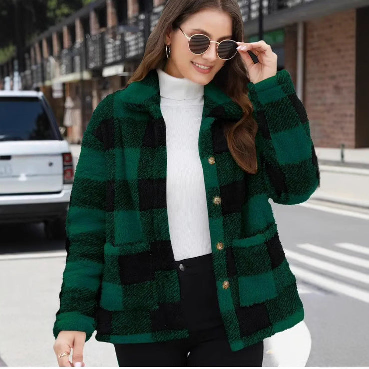 Women's Buffalo Plaid Fuzzy Jacket, Lapel Button Front Coat with Pockets - image 5