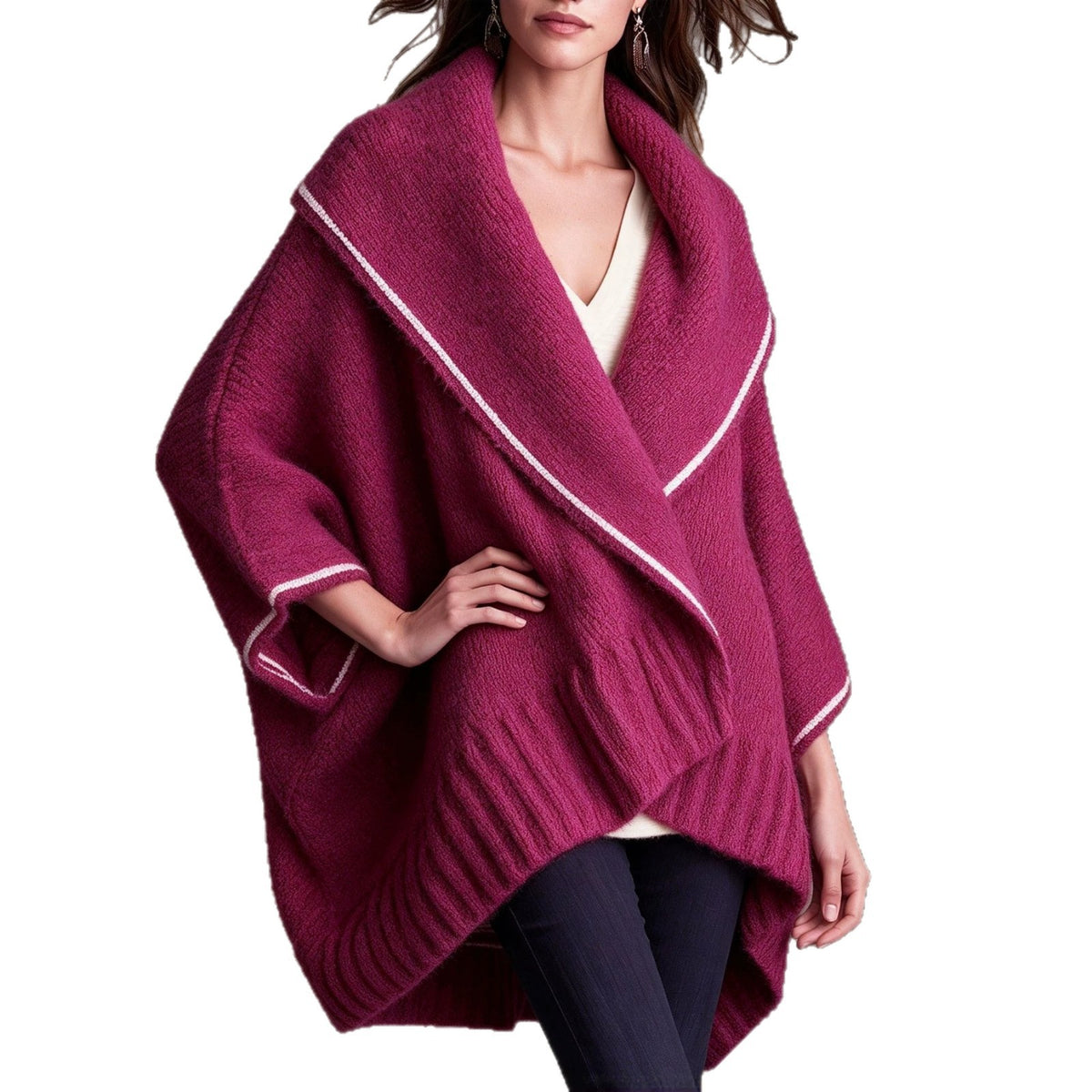 Knit Cape Shawl Coat with Contrast Trim - image 5