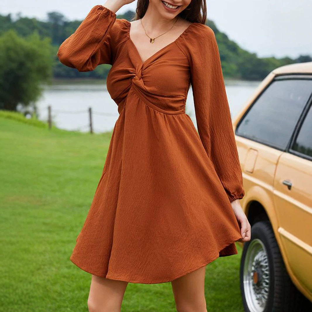 Women's V-Neck Twist Front Long Sleeve Dress - image 3