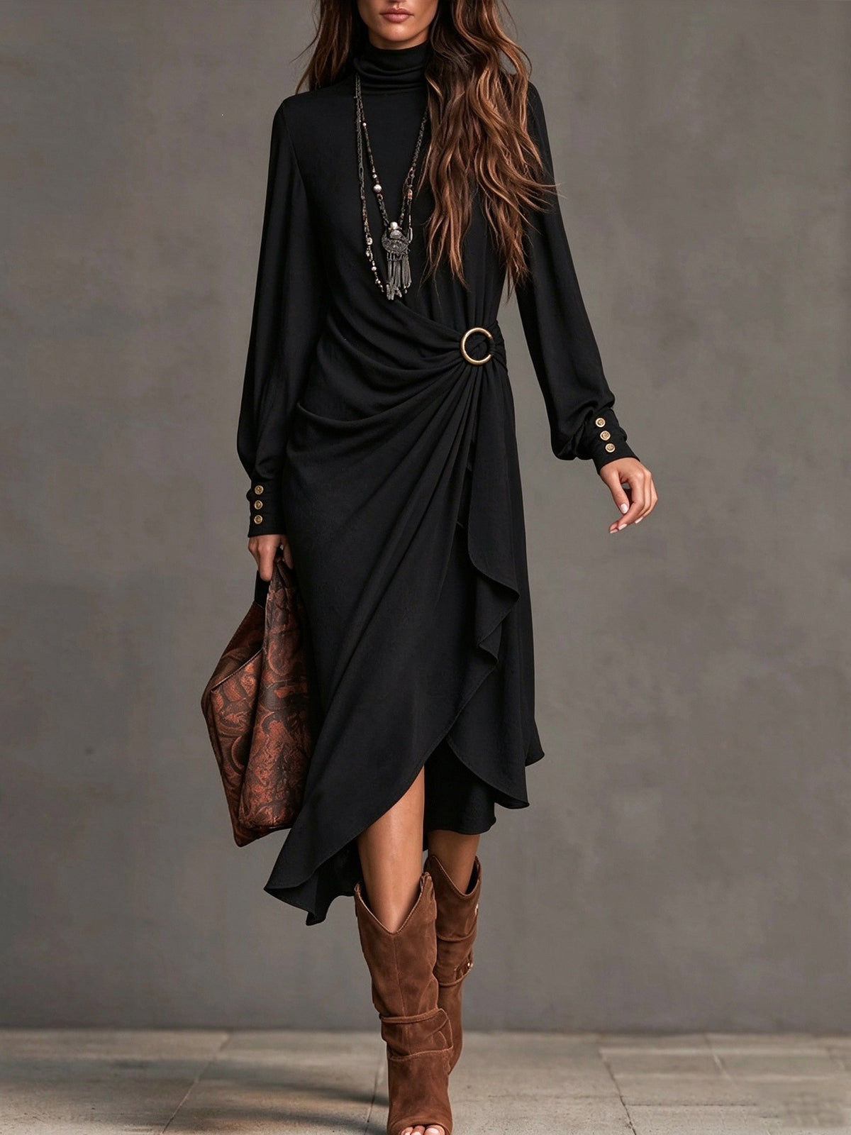 High Collar Long Sleeve Asymmetric Maxi Dress - image 9