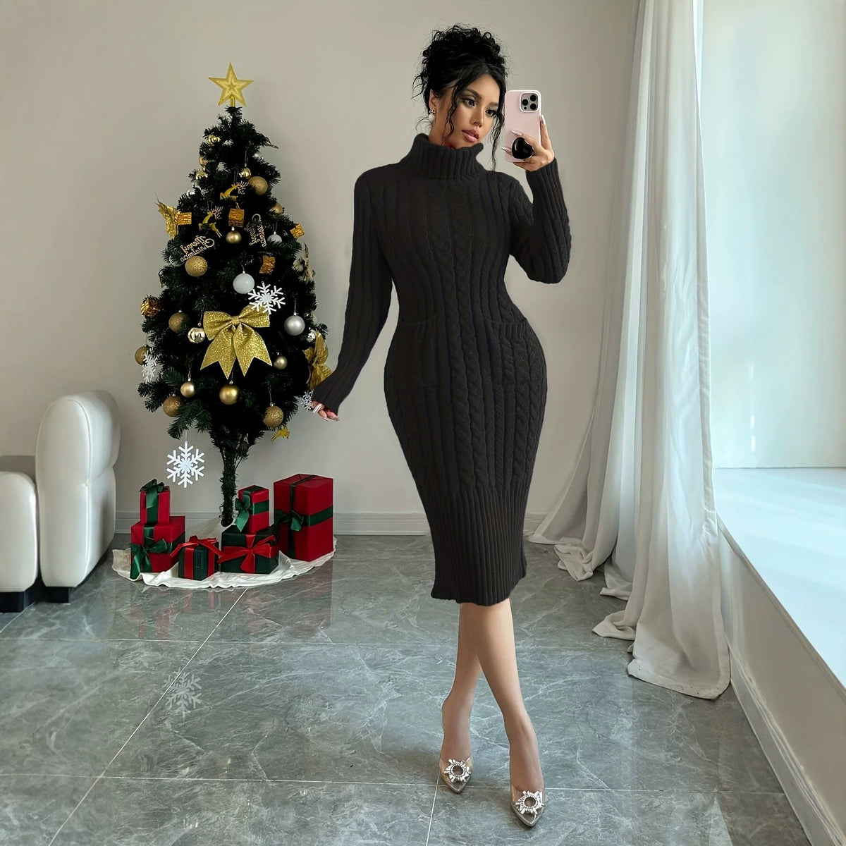 Turtleneck Cable Knit Sweater Dress - image 3