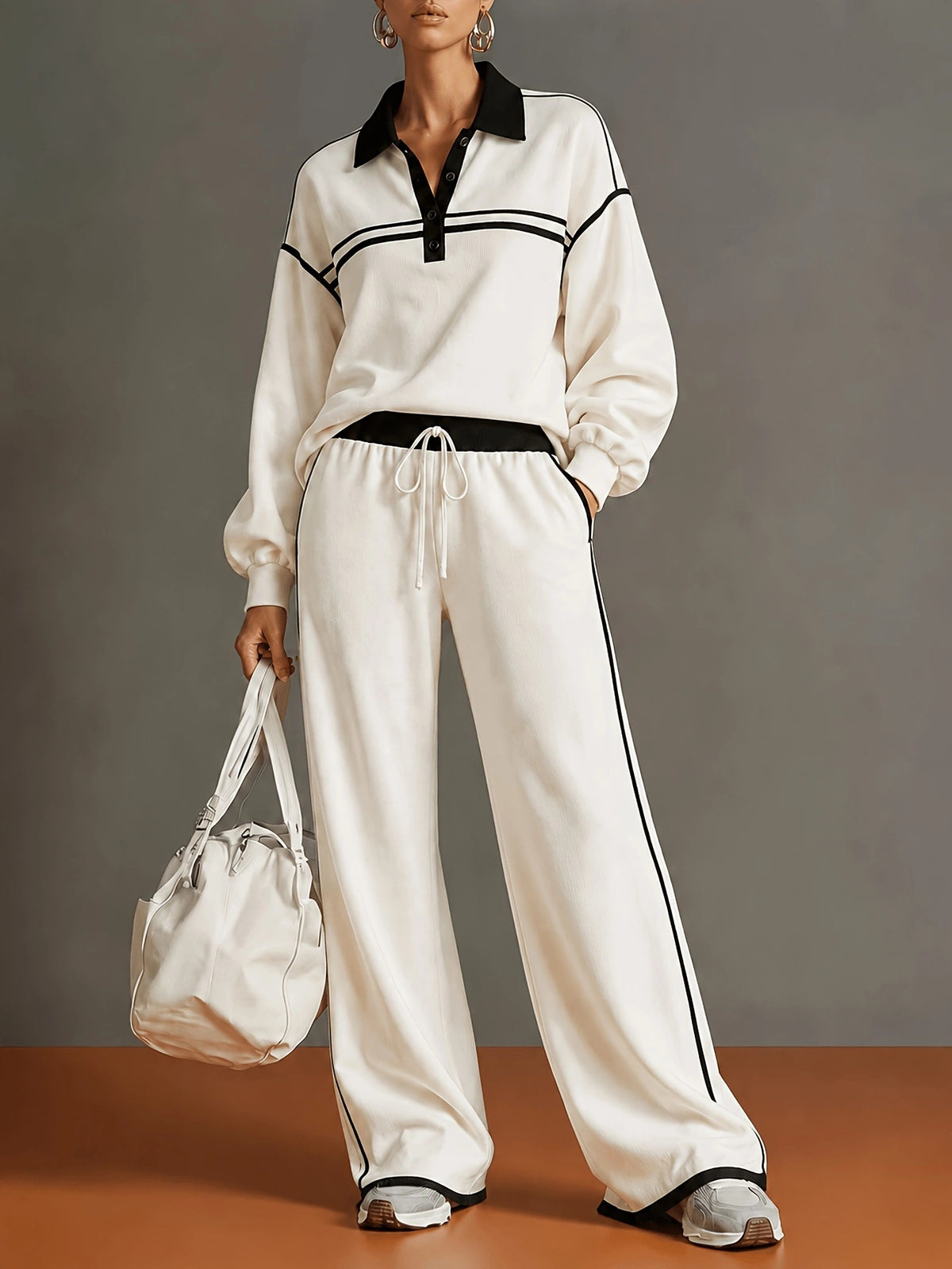 Collared Top And Loose Wide-leg Pants Set - image 11