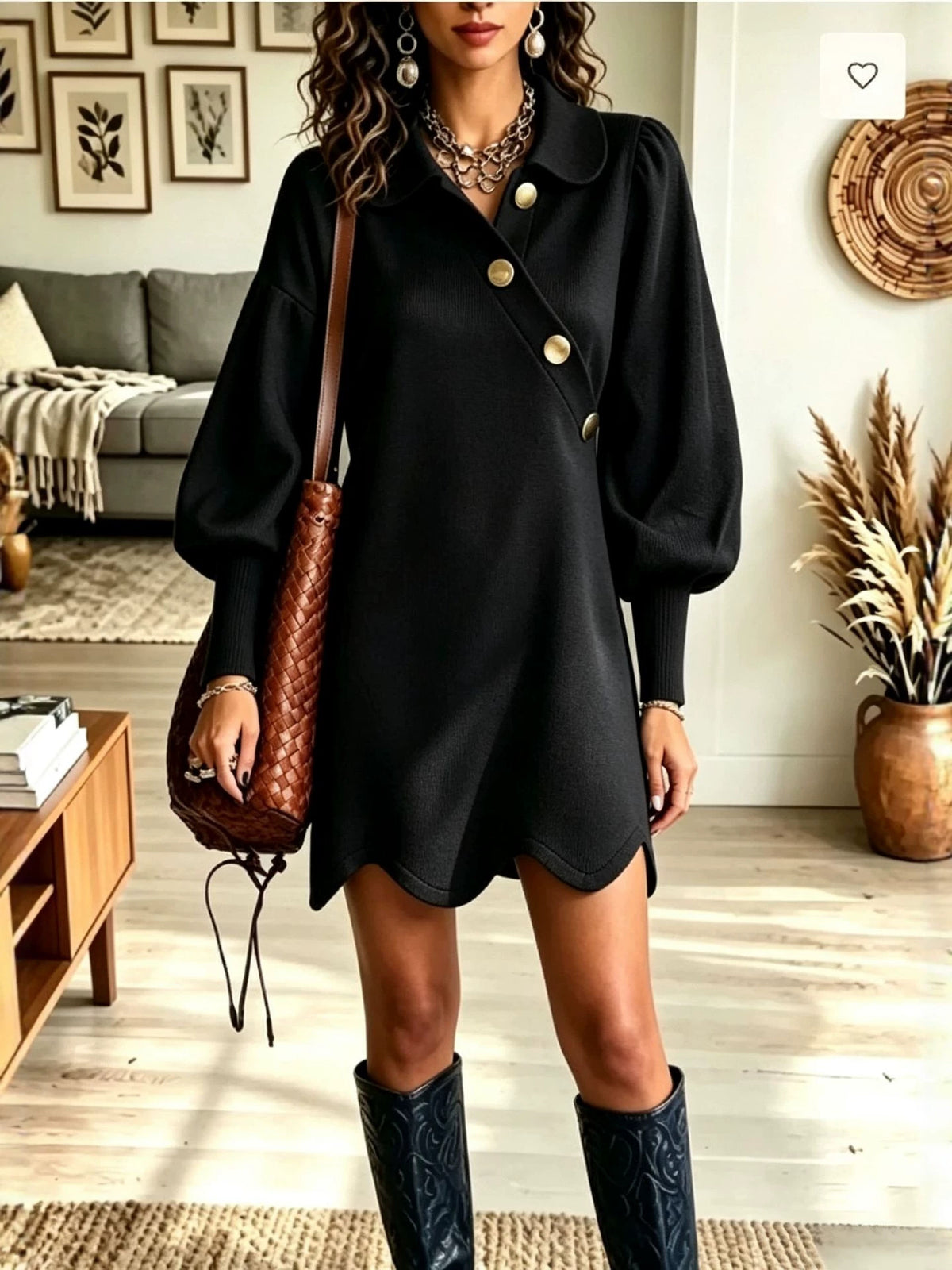 Lantern Sleeve Lapel Dress with Wavy Hem - image 5