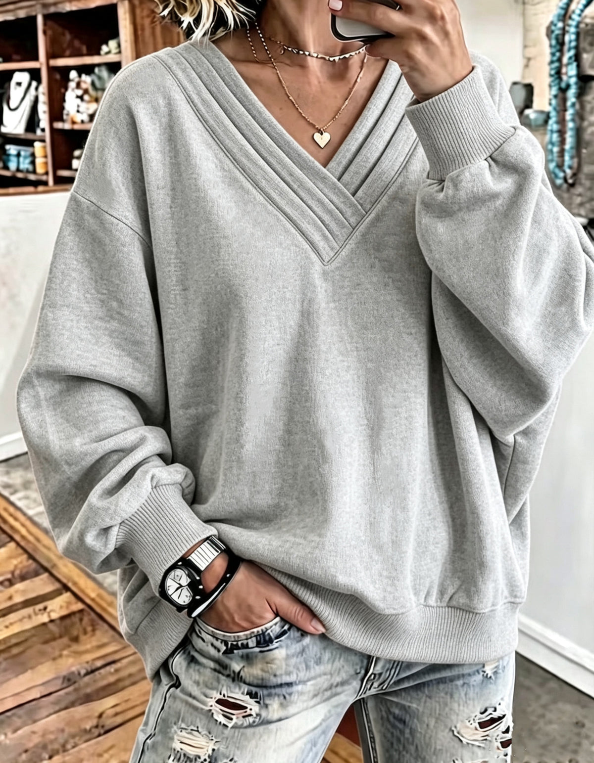 Women's Loose V-Neck Brushed Hoodie