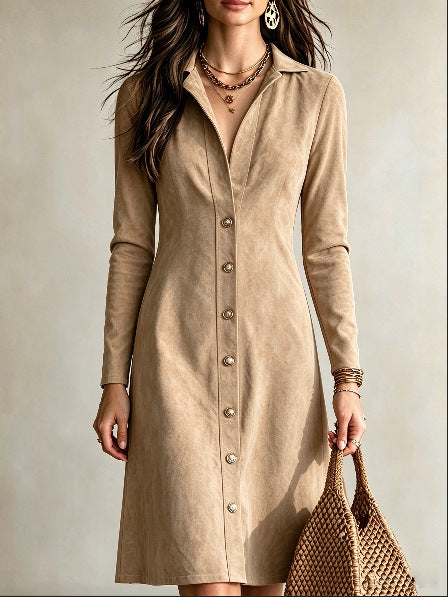 Women's Faux Suede Button Slim Fit Long Dress - image 10