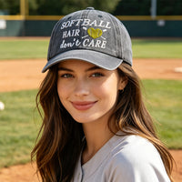 Softball Hair Don't Care Embroidered Washed Baseball Cap, Vintage Distressed Hat For Women Softball Lover - image 1