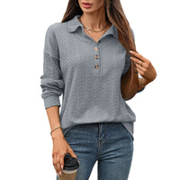 Solid Color Polo Collar Button Loose Long Sleeve Sweatershirt - image 4