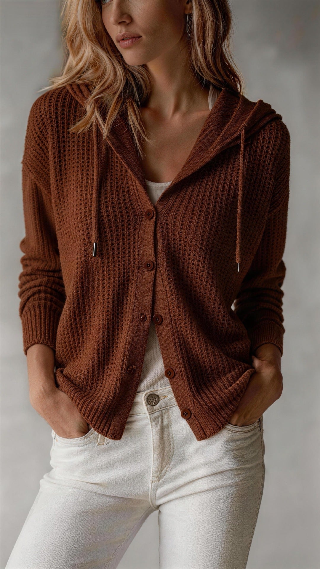 Hooded Knitted Cardigan Womens Loose-Fit Coat - image 4