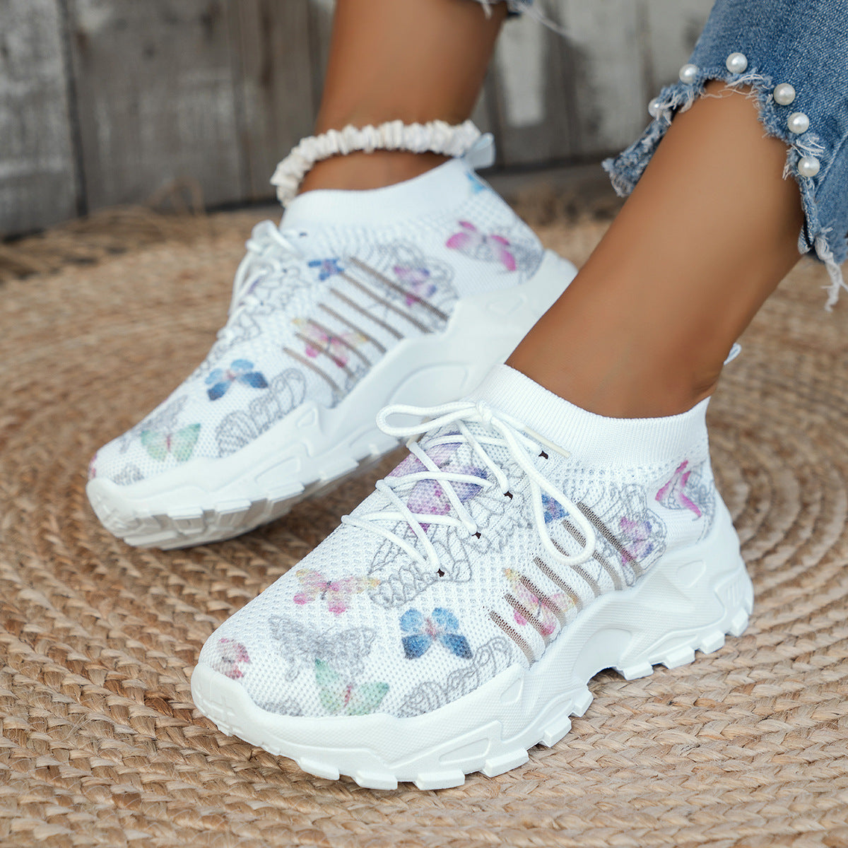 Women's Butterfly Print Mesh Sneakers