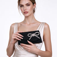 Women's Black Velvet Rhinestone Bow Evening Clutch, Envelope Party Purse with Chain Strap - image 1