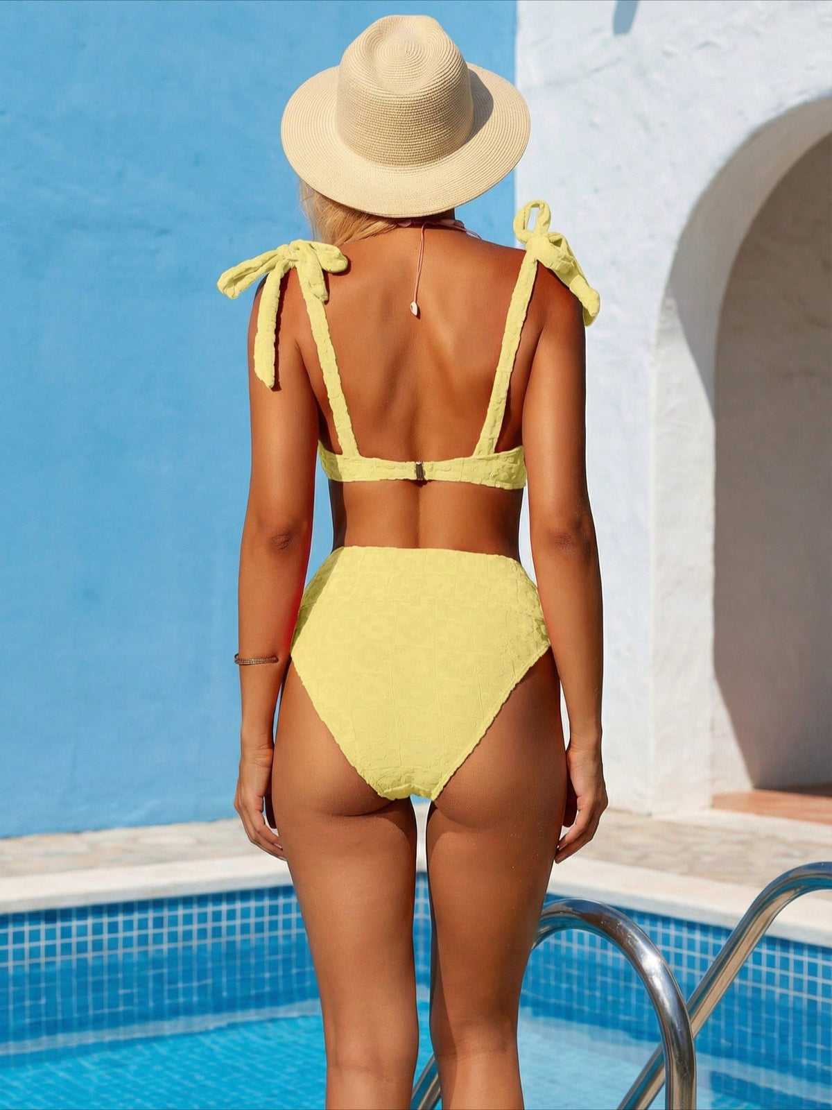 Yellow Textured Bow Shoulder High Waist Bikini Set - image 5
