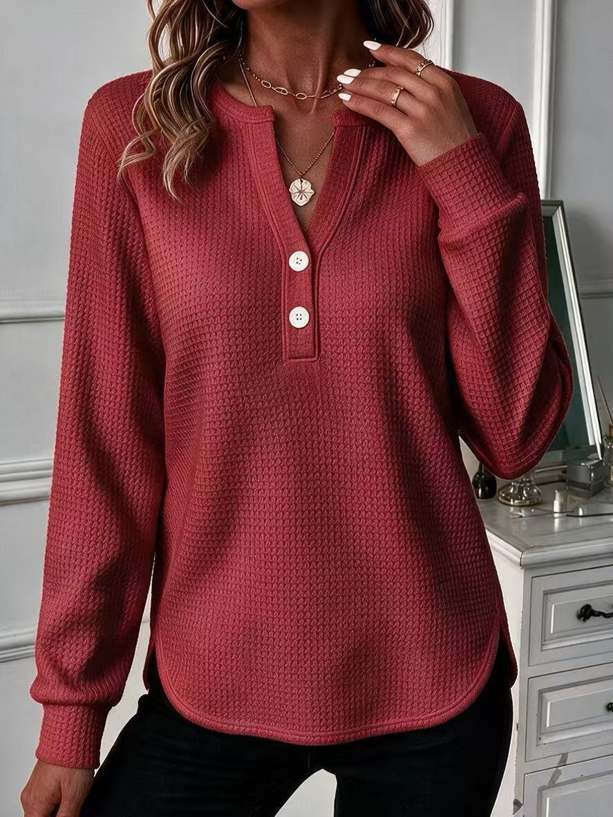 Womens V-neck, Buttoned Long-sleeve Top With A Double-curved Hem - image 9