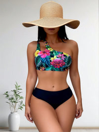 Tropical Floral Print One Shoulder Bikini Set, Cutout Top With Solid High Waist Bottom - image 3