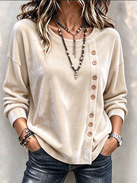 Velvet Asymmetric Button Long Sleeve Top - image 9