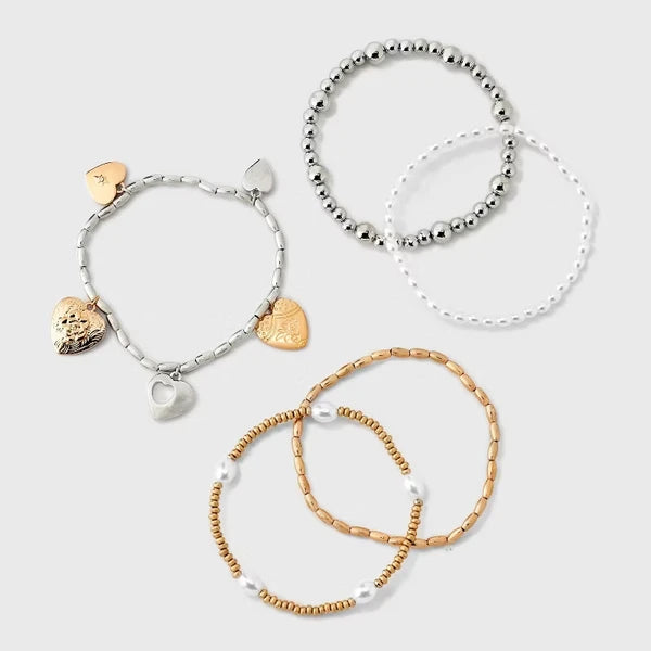 Heart Charm & Pearl Beaded Bracelet 5-Piece Set - Gold - image 3