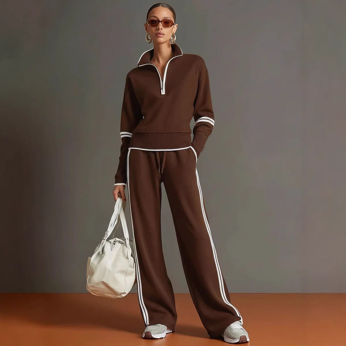 Women's 2 Piece Half Zip Sweatshirt and Wide Leg Pants Set - image 3