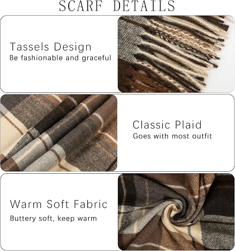 Women's Brown Plaid Oversized Blanket Scarf, Vintage Winter Shawl Wrap with Tassel Fringe - image 3