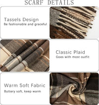 Women's Brown Plaid Oversized Blanket Scarf, Vintage Winter Shawl Wrap with Tassel Fringe - image 3