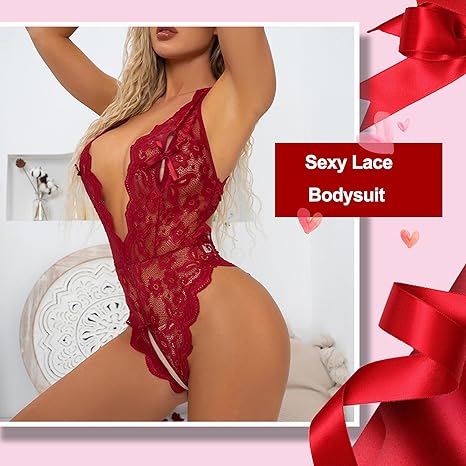 Sexy Lingerie For Women One Piece Bodysuit Deep V Lace Teddy Mini Babydoll Nightgown - image 4