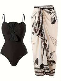 Black One-Piece Swimsuit with Printed Sarong - image 1