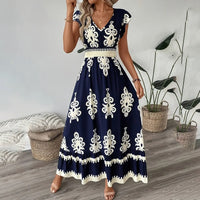 Women's Summer Flowy Maxi Dress Casual Cap Sleeve V Neck Smocked Waist Beach Sundress - image 7
