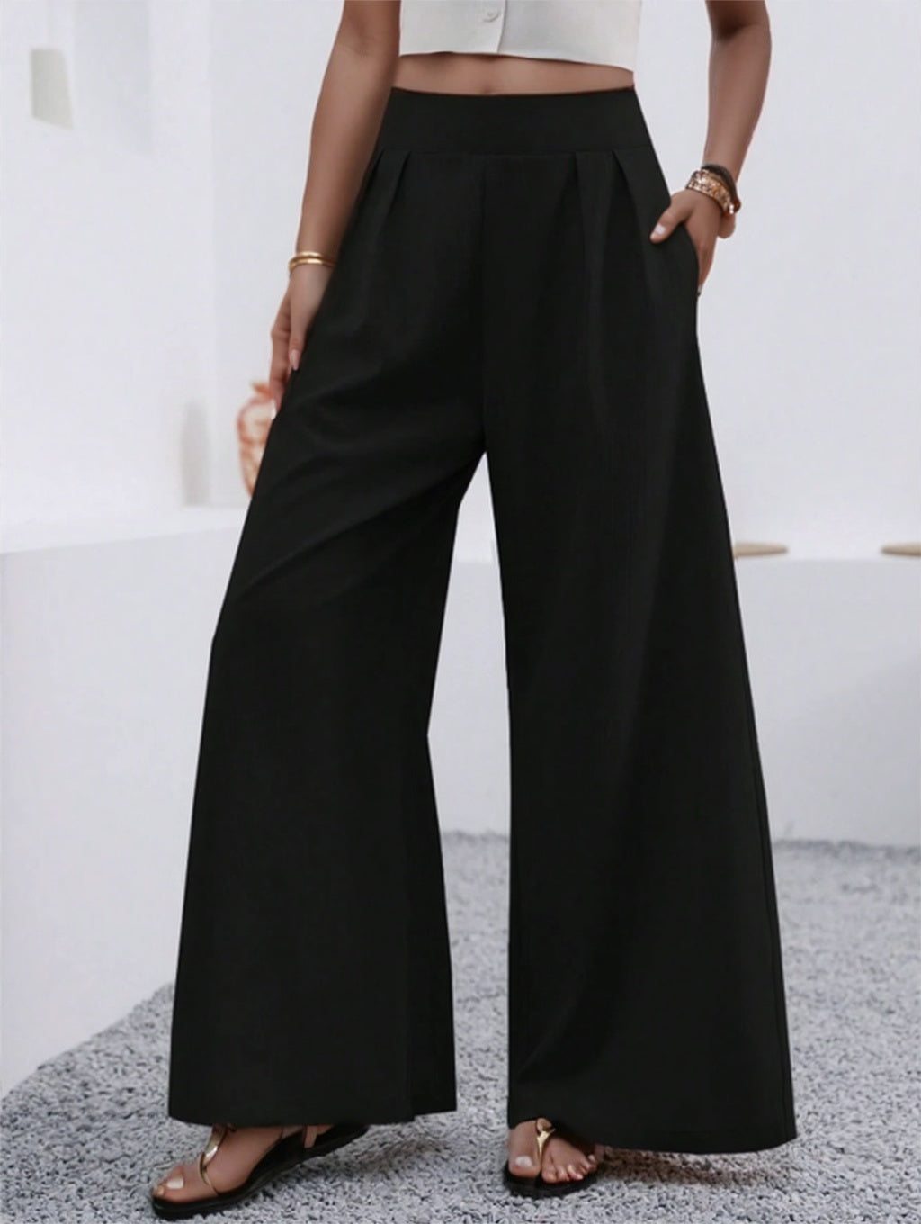 Solid Color Loose Wide Leg Elegant Pants With Pocket - image 3