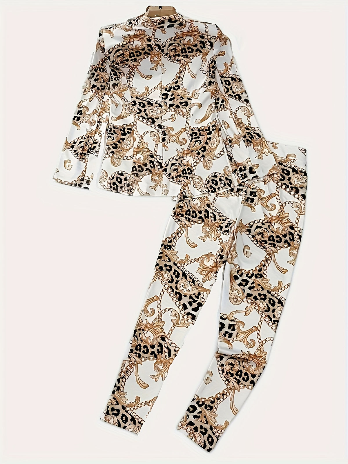 Two Piece Lapel Blazer Set Geometric Print Micro Elastic Fake Buttons Casual Fabric Outfit For Spring Fall - image 2