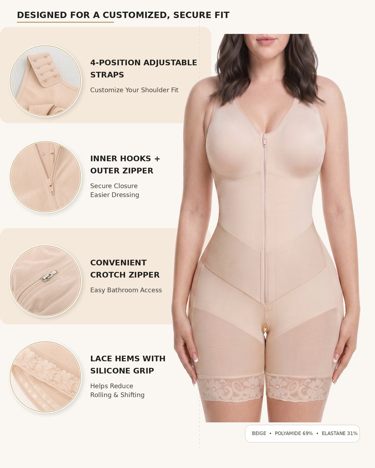 Women's Tummy Control Shapewear Bodysuit, Adjustable Straps, Hook And Zipper Front Closure - image 6