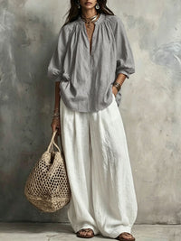 Cotton Linen Puff Sleeve Shirt and Wide Leg Pants Set - image 8