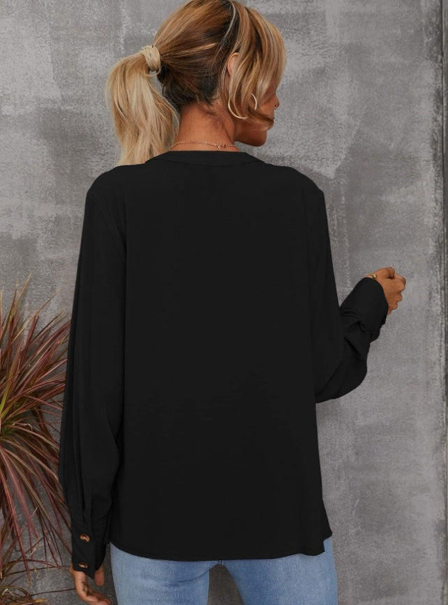 Solid Notched Buttoned Cuff Blouse,Long Sleeve Tops - image 4