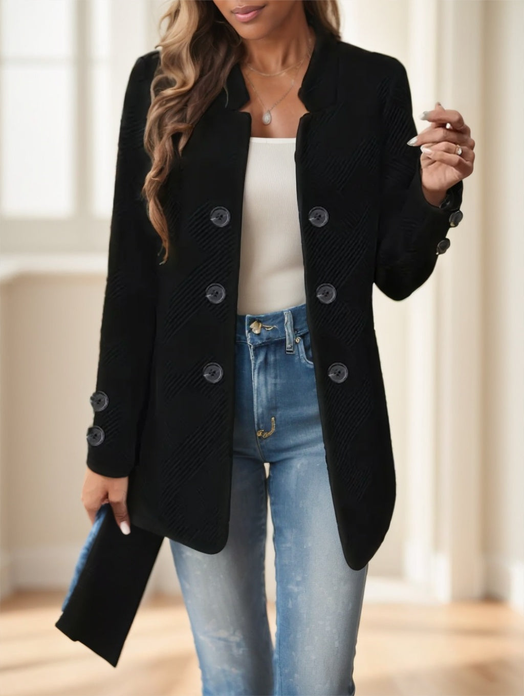 Elegant Plus Size Women'S Casual Knit Polyester Jacket With Double Button Detail And Decorative Pockets - image 4