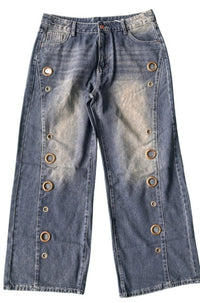 Jeans holgados de pierna ancha con ojales y lavado vintage - image 3