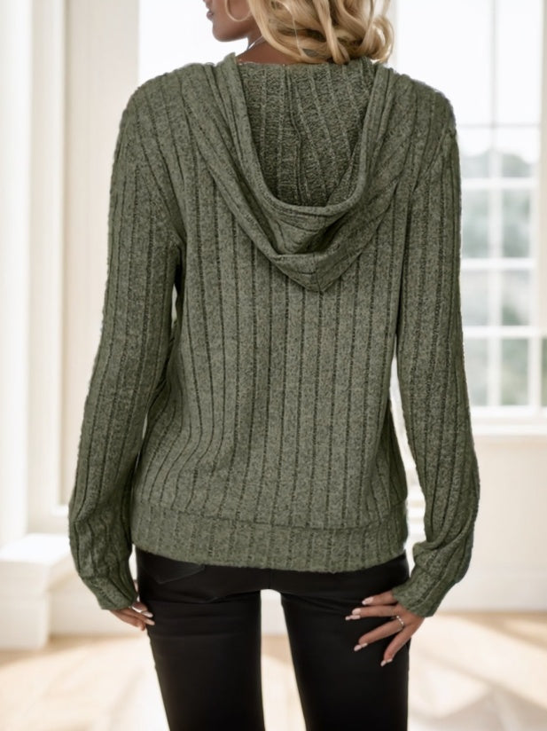 Solid Color Drawstring Ribbed Hoodie - image 2