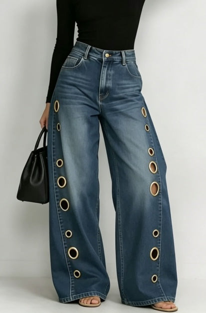Jeans holgados de pierna ancha con ojales y lavado vintage - image 8