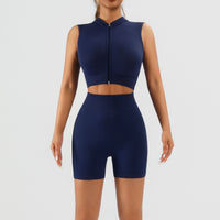 Women's 2 Piece Ribbed Workout Set, Zip Front Sleeveless Crop Top and High Waist Biker Shorts - image 2