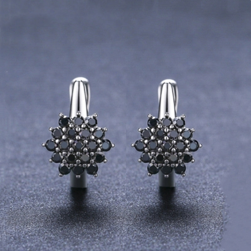 Black Zircon Flower Huggie Earrings