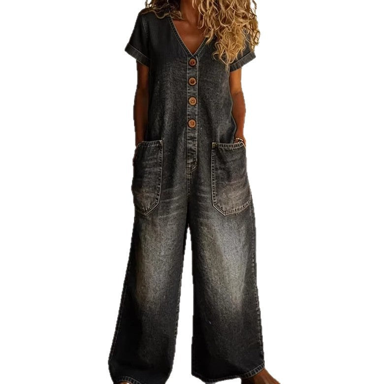 Comfortable Pocketed Short-Sleeve Casual Wide-Leg Jumpsuit - image 5