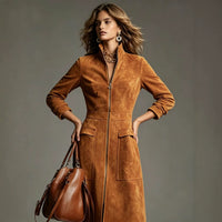 Stand Collar Zip Faux Suede Long Dress - image 3