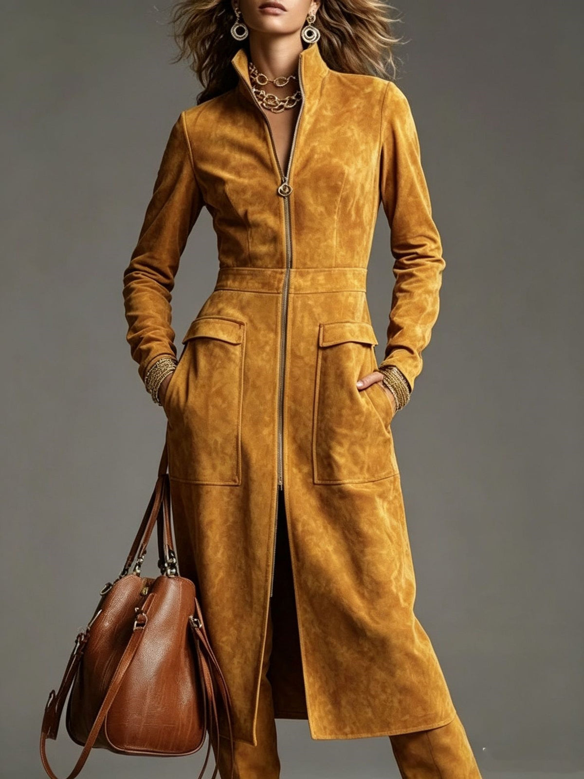 Stand Collar Zip Faux Suede Long Dress