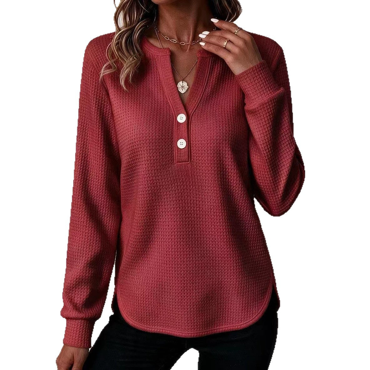 Womens V-neck, Buttoned Long-sleeve Top With A Double-curved Hem - image 3